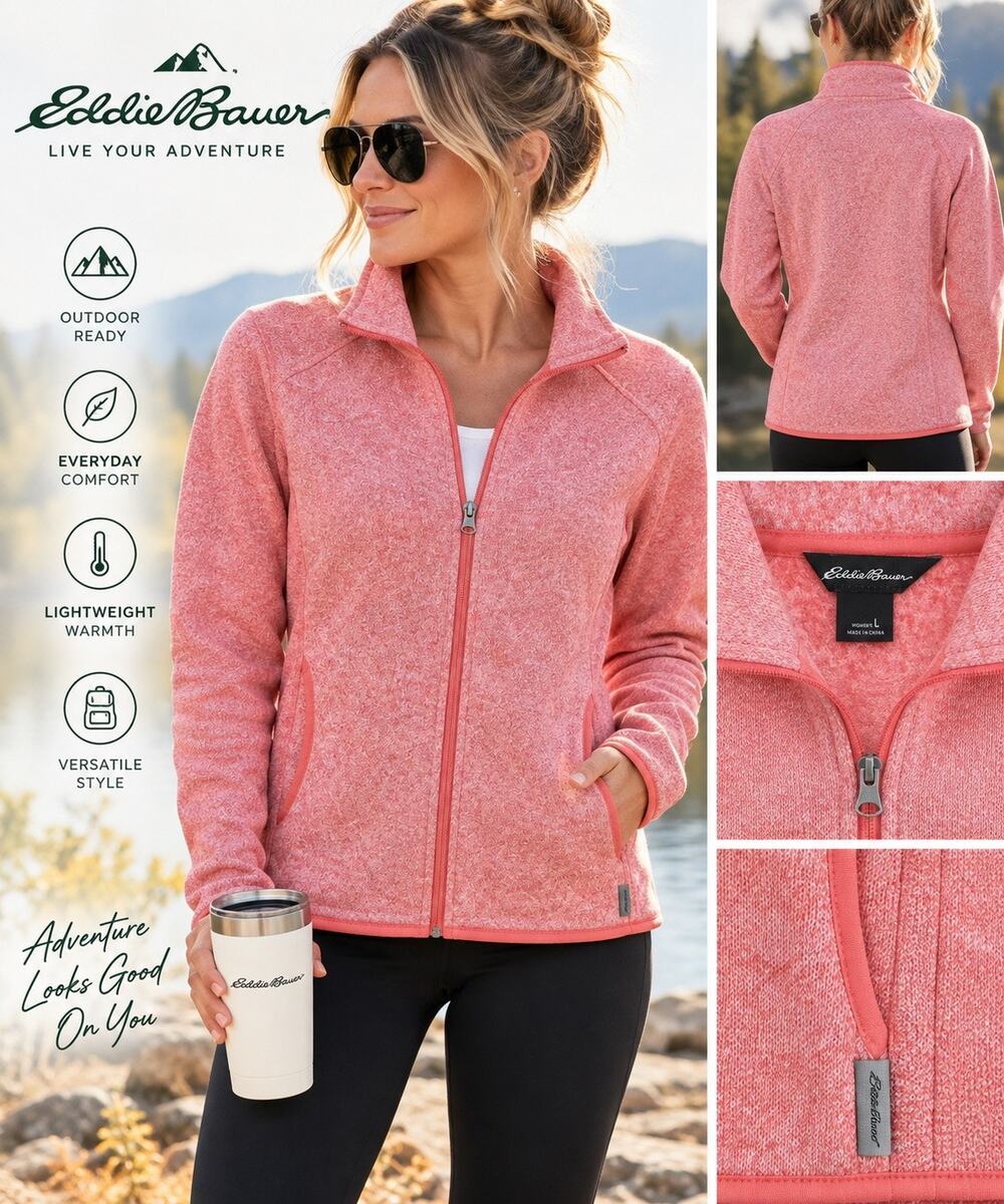Eddie Bauer Women’s L Full Zip Sweater Fleece Jacket Pink Coral Heather